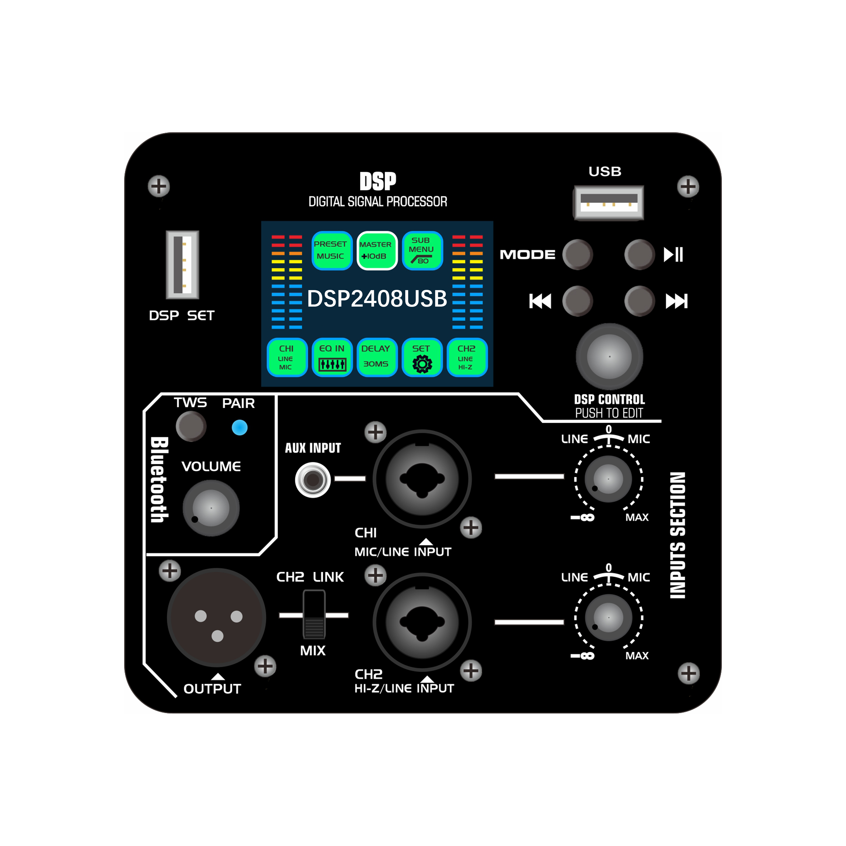 DSP2408USB  Color screen DSP active power amplifier with USB flash drive audio playback function